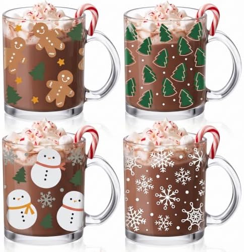 Bokon 4 Pcs Christmas Glass Coffee Mugs with Handle, 12 oz by Bokon