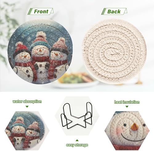 YETTASBIN Christmas Snowman 6 Pcs Drink Coasters with Holder, Cotton Woven Absorbent Heat-Resistant Round Coaster Set Tabletop Protector for Kitchen Bar Home Decor Housewarming Gift, 3.9 in - Image 4