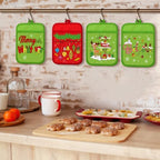 Jingmore 12 Pcs Christmas Pot Holders Bulk with Pocket Lime Green Xmas Pot Holders for Kitchen Red Green Santa Hot Pads and Oven Mitts Farmhouse Oven Gloves for Christmas Baking Cooking Gift - Image 2