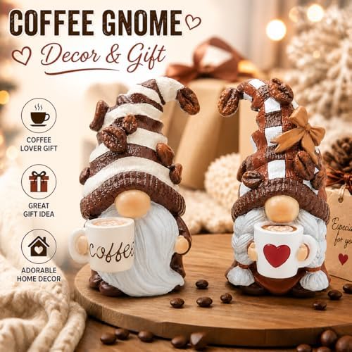 Hodao Coffee Bar Gnome Decor Set of 2 Resin Coffee Lover Gifts with Mugs - Image 3