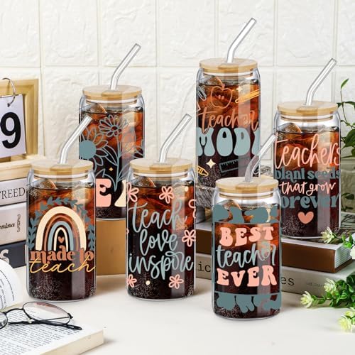SiliFine 6 Pcs Teacher Gift Glass Cups, 16 oz with Lids and Straws - Image 6