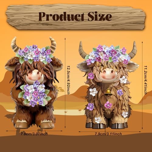 2 Pcs Resin Highland Cow Figurines Decor, Lilacs Theme - Image 3