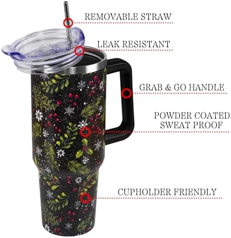 Christmas Tumbler with Handle and Straw Lid 40 oz,Cute Merry Xmas Holly Berries Snowflake Gifts for Women Vacuum Insulated Leak Proof Tumbler,Winter Holiday Accessories Stainless Steel Coffee Cup Mug - Image 3