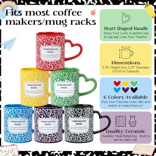6 Set Composition Book Mug with Heart Handle, Ceramic Cup - Image 2