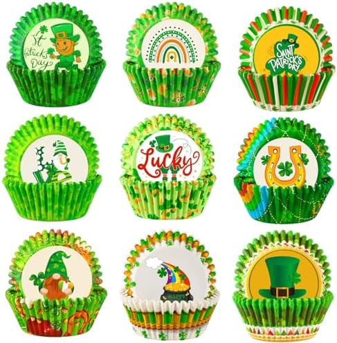SANNIX 450pcs St. Patrick's Day Cupcake Liners, Irish Clover Shamrock Print Baking Cupcake Green Wrappers Paper Muffin Liners for St. Patrick's Day Party Candy Cake Decorations Supplies(9 Designs) by SANNIX