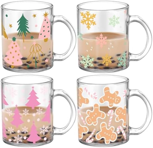 Tioncy 4 Pcs Christmas Coffee Mugs 12 oz Christmas Glass Cups with Handle by Tioncy