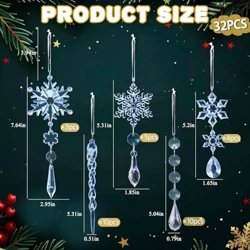 Crystal Christmas Tree Ornaments, Blue Acrylic Snowflake & Icicle, 32pcs - Image 3
