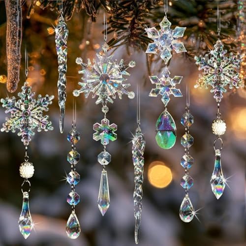 Crystal Christmas Tree Ornaments, 18pcs Iridescent Acrylic Snowflake Icicle by OuMuaMua
