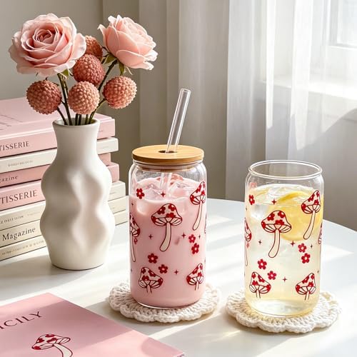 Coquette Cute Glass Cup with Lids and Straws 18OZ Mushroom Iced Coffee Cup - Image 5