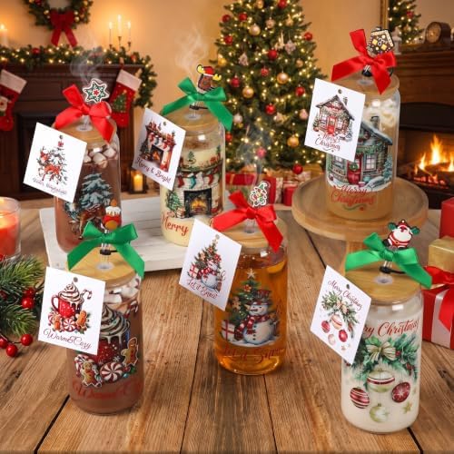 Vesici 6 Set Christmas Glasses Cups 16 oz Xmas Drink Cup with Lid Straw and Stopper Can Shaped Beer Tumbler Xmas Appreciation Gifts with Cards and Bow for Women Birthday Party Favor(Elegant Christmas) - Image 6