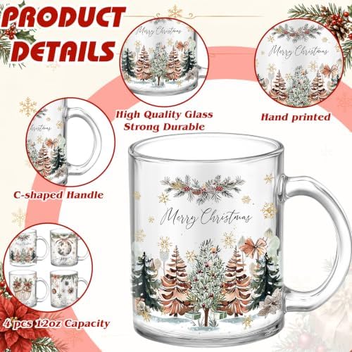Tioncy 4 Pcs Christmas Glass Coffee Mugs 12 oz Clear Holiday Cups - Image 3