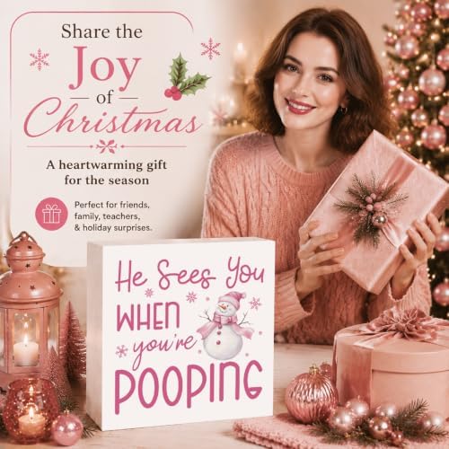 Christmas Bathroom Decor, Funny Pink Christmas Decorations, Bow Snowman Bathroom Table Decoration He Sees You When You're Pooping Wooden Box Sign, Home Shelf Desk Decor for Toilet 5x5 Inches - Image 6