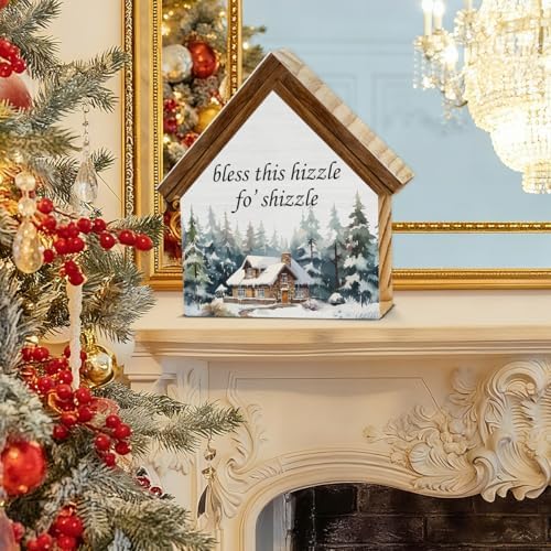 Rustic Christmas Decor, Bless This Hizzle Fo' Shizzle House Shaped Sign - Image 4