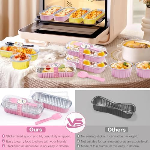 Mini Loaf Pans with Lids and Spoons Aluminum Foil, Disposable 6.8oz/200ml Pink Mini Cake Pans with Lids, Small Cake Tins Foil Bread Pan for Christmas Halloween Party Rectangle 30 Pack - Image 4