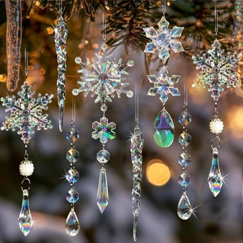 Crystal Christmas Tree Ornaments, 32pcs Iridescent Acrylic Snowflake Icicle by OuMuaMua