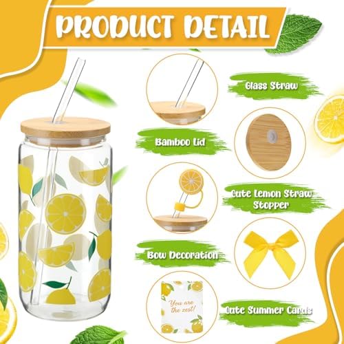 12 Set Lemon Glasses with Lid Straw, Cute Lemon Gift for Women, Employee - Image 3