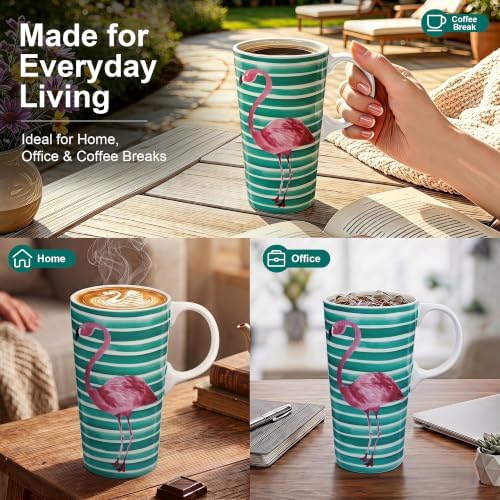 Topadorn 17oz Ceramic Travel Mug with Lid, Flamingo Coffee Mug with Handle - Image 3