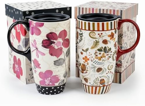 Topadorn Ceramic Travel Mugs Set of 2, 17oz Flora Coffee Mug with Lids by Topadorn