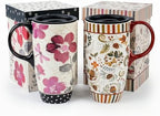 Topadorn Ceramic Travel Mugs Set of 2, 17oz Flora Coffee Mug with Lids by Topadorn