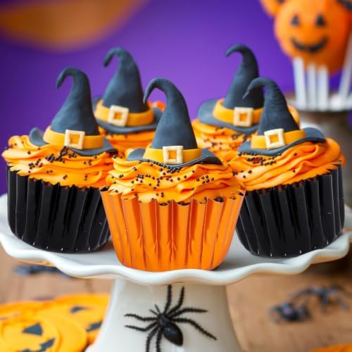 JarThenaAMCS 200Pcs Halloween Cupcake Liners Black Orange Foil Metallic Baking Cups Muffin Wrappers for Halloween Party Supplies - Image 6