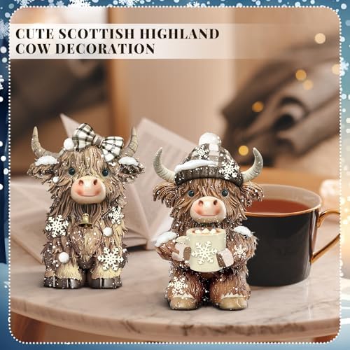 2 Pack Winter Highland Cow Figurine Decor, Resin Winter Theme Decor - Image 5