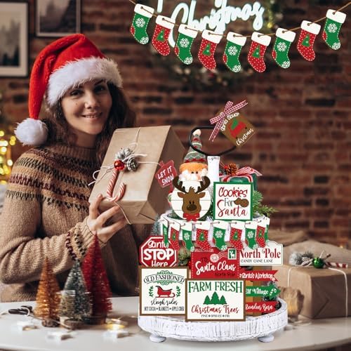 Funnymoom 17 Pcs Christmas Tiered Tray Decor Set Winter Tiered Tray Decor - Image 5