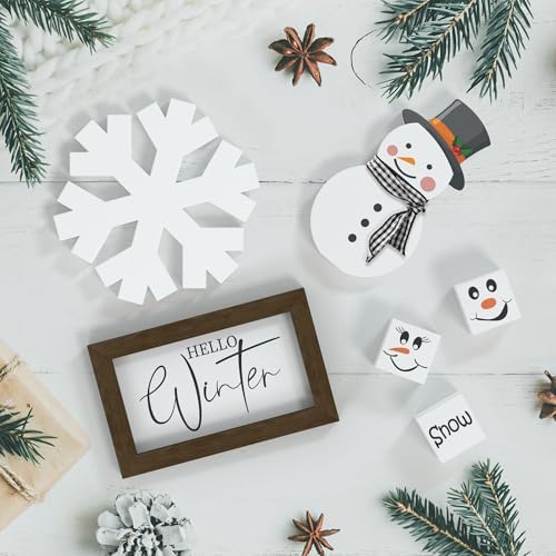 Christmas/Winter Tiered Tray Decor, 6 Pcs Hello Winter Snowflake Snowman Table Signs Let It Snow Wooden Signs for Home Kitchen Office - Image 5