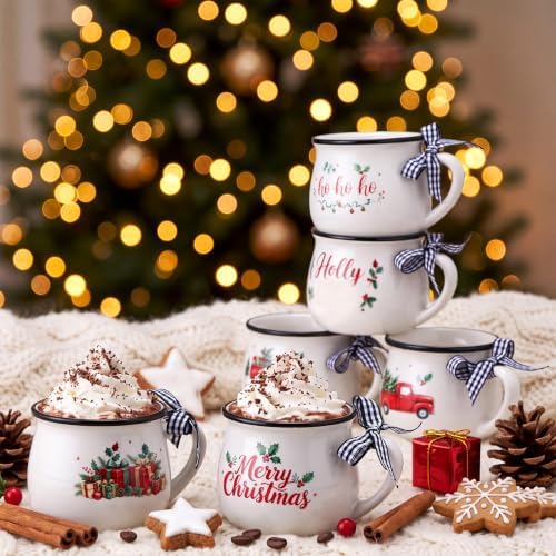Potchen 6 Pcs 5 oz Christmas Coffee Mugs with Ribbons,Fresh - Image 6