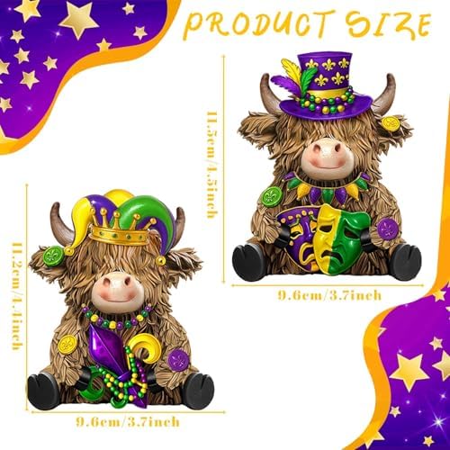 2 Pack Mardi Gras Highland Cow Figurines Mardi Gras Gifts - Image 3