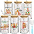 6 Set Christmas Glasses Cups with Bamboo Lid and Glass Straw 16 oz Gingerbread Man Christmas Drinking Cup Beer Iced Coffee Cup Xmas Tumbler Mugs for Women Men Holiday Party Office Gifts by Yetene