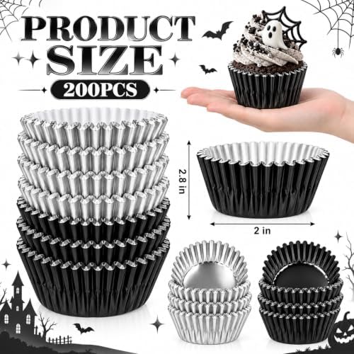 JarThenaAMCS 200Pcs Halloween Foil Cupcake Liners Black Silver - Image 2