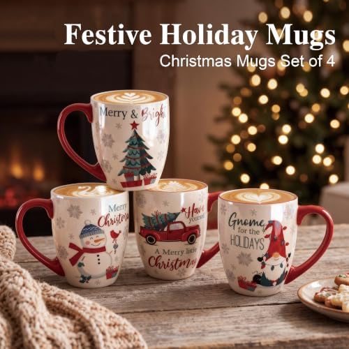 Topadorn 18 oz Christmas Ceramic Coffee Mugs with Handle, Tea Cup Set of 4 - Image 3