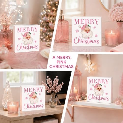 Pink Christmas Decor, Vintage Christmas Decorations Indoor, Snowflake Santa Claus Sign Gift for Women Friends, Rustic Farmhouse Wooden Box Sign for Home Office Bedroom Desk Decor 5x5 Inches - Image 5