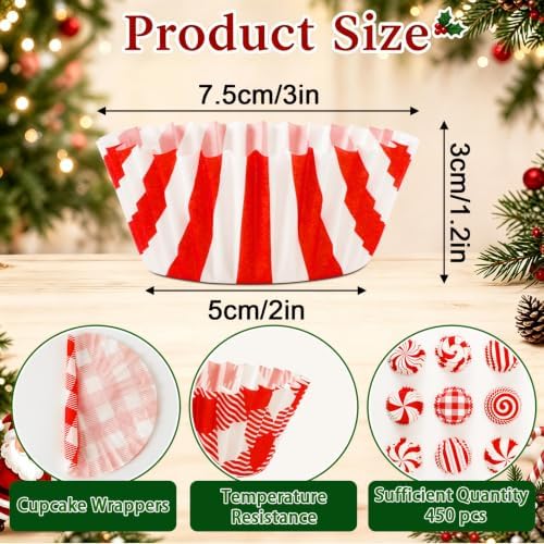 SANNIX 450pcs Red and White Christmas Cupcake Liners, Xmas Candy Baking Cups Cupcake Wrappers Paper Wraps Muffin Liners for Christmas Holiday Birthday Party Candy Cake Decorations Supplies - Image 2