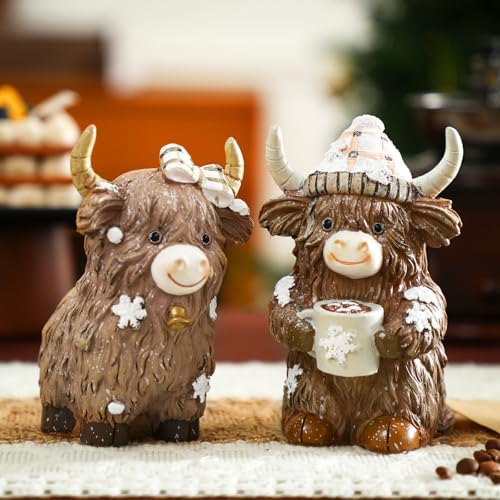 2 Pack Winter Highland Cow Figurine Decor, Resin Winter Theme Decor - Image 6