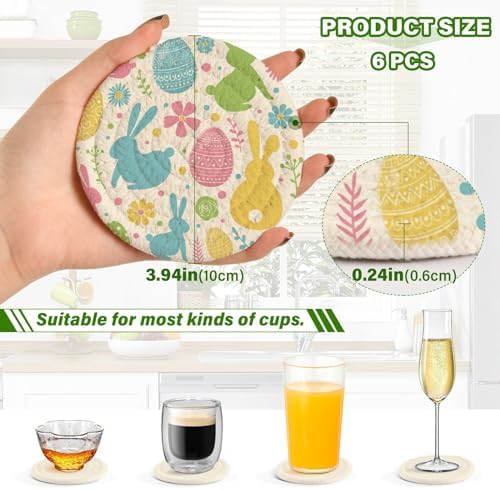 YETTASBIN Easter Bunny Eggs 6 Pcs Drink Coasters with Holder, Cotton Woven Absorbent Heat-Resistant Round Coaster Non-Slip Table Mat for Kitchen Bar Home Decor Housewarming Gift, 3.9 in - Image 3