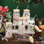 SiliFine 6 Pcs Christmas Glass Cups, 16 oz with Lids and Straws - Image 2