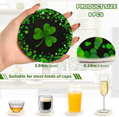 YETTASBIN St. Patrick's Day Shamrock 6 Pcs Drink Coasters with Holder, Cotton Woven Absorbent Heat-Resistant Round Coaster Non-Slip Table Mat for Kitchen Bar Home Decor Housewarming Gift, 3.9 in - Image 3