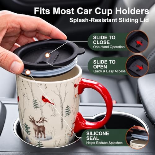 Topadorn Christmas Ceramic Travel Mug with Lid, 17 oz, Cardinal and Deer - Image 2