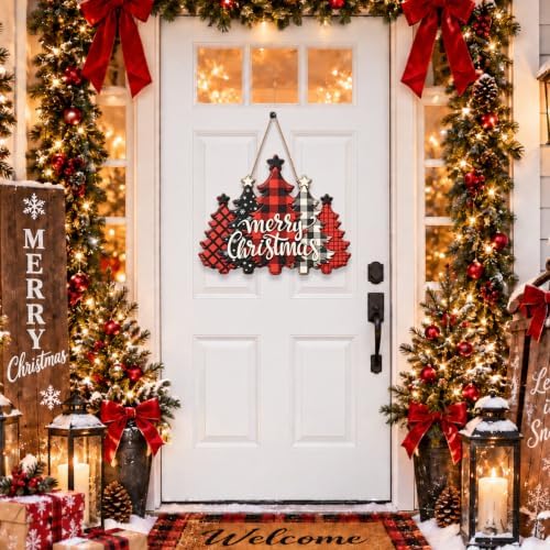 Christmas Decorations Buffalo Plaid Christmas Tree Hanging Wooden Sign - Image 2