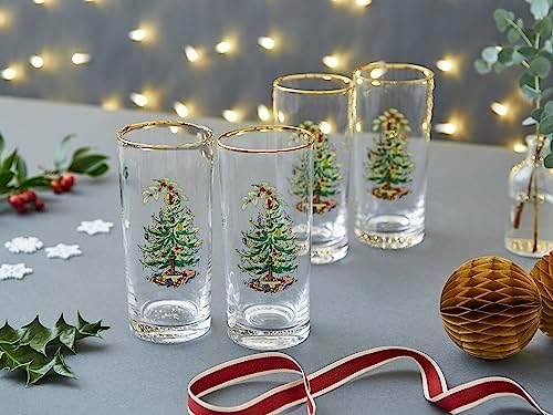 Spode Christmas Tree 15oz Highball Glasses, Set of 4 - Gold-Rimmed Elegant Holiday-Themed Glassware, Festive Holiday Drinkware for Christmas Parties, New Year’s Toasts & Festive Occasions - Image 4