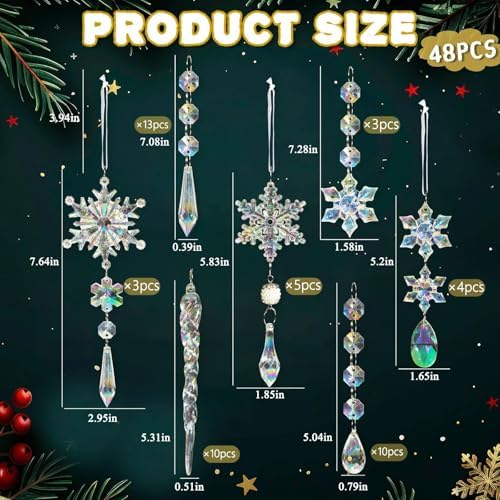 Crystal Christmas Tree Ornaments, 48pcs Iridescent Acrylic Snowflake Icicle - Image 4