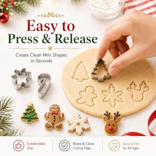 Mini Christmas Cookie Cutters Set 20 Pieces Stainless Steel Cookie Cutter Set for Baking -Christmas Tree,Snowman,Reindeer,Santa Face, Star,Stocking,Candy Cane,Gingerbread Man and More - Image 4