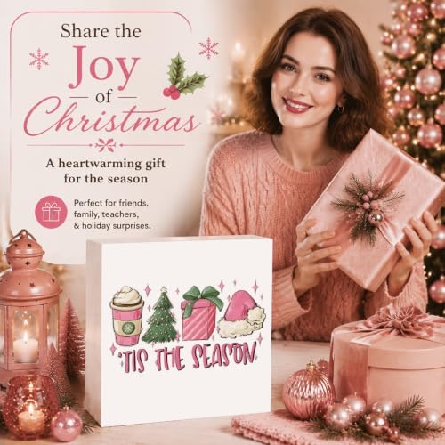 Pink Christmas Decor, Pink Christmas Bathroom Decor, Girly Decoration, Wooden Box Sign Winter Latte Santa Presents Tree Coffee Home Bedroom Desk Decoration - Image 6
