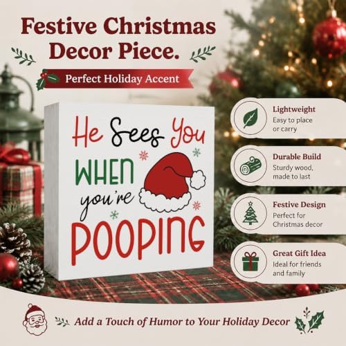 Christmas Bathroom Decor, Funny Santa Hat Christmas Decor Wooden Box Sign - Image 2