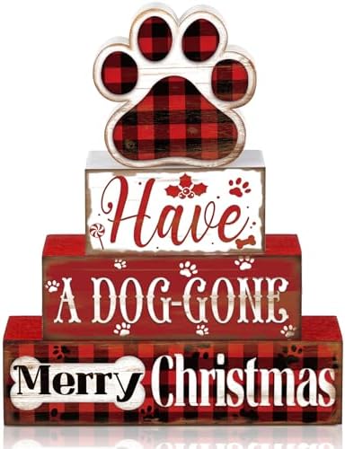 Moucuny 4 Pcs Christmas Dog Table Decorations Wooden Farmhouse Block Signs by Moucuny