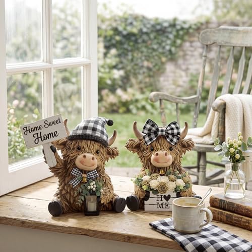 2 Pcs Farmhouse Highland Cow Figurines, Home Sweet Home Decor - Image 6