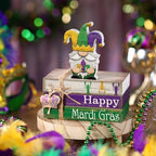 4 Pcs Mardi Gras Decorations Wooden Mardi Gras Table Centerpiece Crawfish Gnome Carnival Tiered Tray Decorations Mini Wooden Faux Books Stack Signs for Masquerade Office Tabletop Bookshelf - Image 3