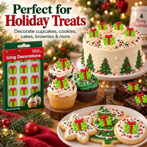 Oasis Supply Christmas Presents Edible Icing Decorations – 15 Count – Green Gift Box Cake & Cupcake Toppers for Cookies, Cakes, Cupcakes & Holiday Desserts - Image 2