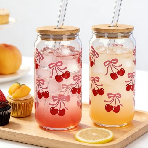 Cherries Bows Glass Cups -Set of 4, 18OZ Cherry Decor Iced Coffee Cups - Image 4